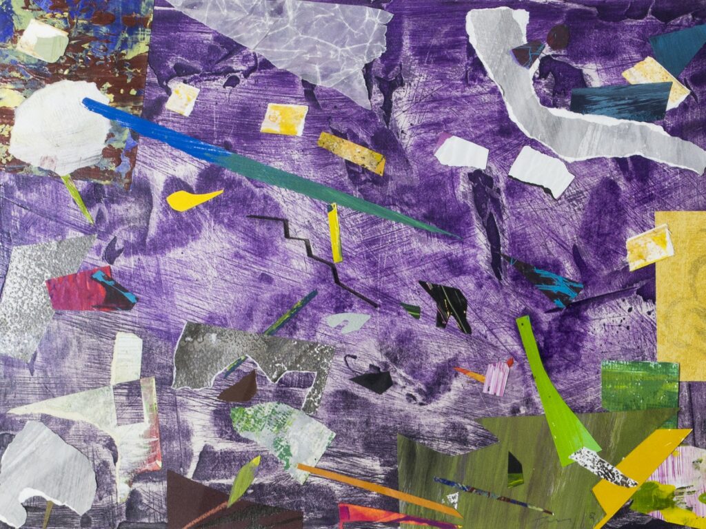 Paisatge violeta – 42 x 53 cm Paper pintat sobre tauler.