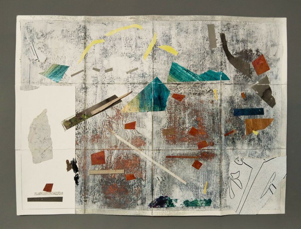 Planificant el viatge al poble. 35 x 46 cm Tècnica mixta i collage sobre paper.